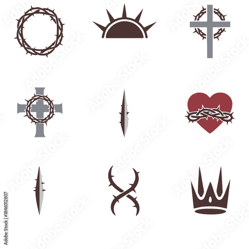 Varied collection of Christian religious symbols including crowns of thorns, crosses, a heart, and a royal crown depicted as flat, simple illustrations