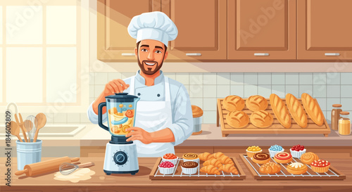 Chef Preparing Food with Blender in Kitchen.