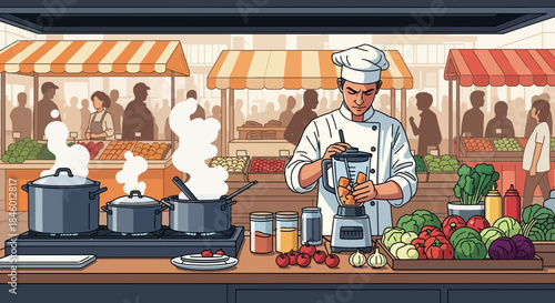 Chef Preparing Food at Outdoor Market Stall.