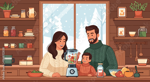 Family Making Smoothie Together in Kitchen.