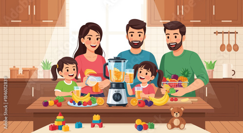 Family Preparing Healthy Smoothie Together Kitchen.