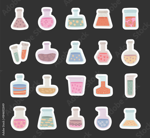 Chemical flask set in scandinavian style for laboratory experiment for creating imaginative scientific elements composition materials concepts purposes useful for illustration and design projects