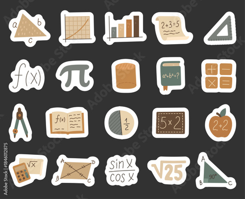 Mathematics set in scandinavian style designed for educational projects featuring geometric shapes, formulas, graphs, trigonometric