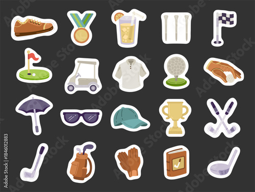 Golf equipment set in scandinavian style featuring footwear, trophy, cart, ball, glove, umbrella, cap, notebook, driver, club, tee, beverage, sunglasses and gear