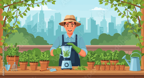Gardener Tending to Potted Plants with City View.