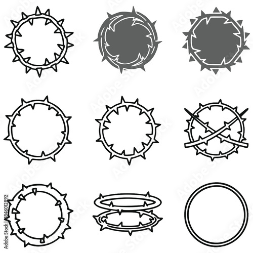 Collection of stylized crown of thorns symbols presented as vector graphics, ideal for Christian, spiritual, and suffering related design projects