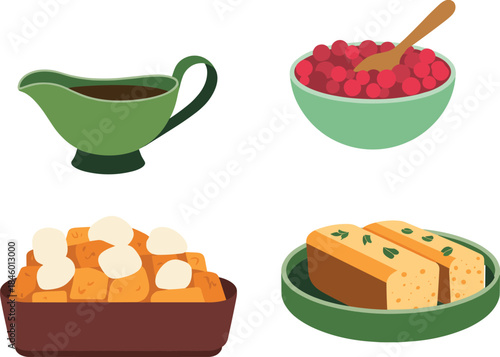 Traditional Holiday Side Dishes Vector – Gravy, Cranberry Sauce, Sweet Potatoes with Marshmallows, and Cornbread on Festive Plates for Seasonal Design