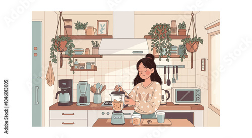 Woman Cooking in Modern Kitchen Illustration.