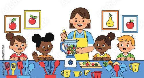 Woman Cooking with Children in Kitchen.