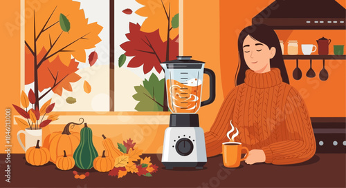 Woman Drinking Healthy Pumpkin Smoothie Beverage.