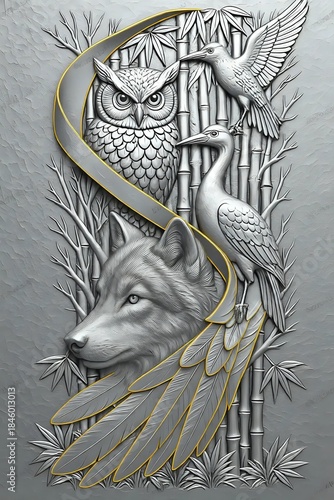 Wolf,Bird sitting on bamboo trees I Wall Decor 