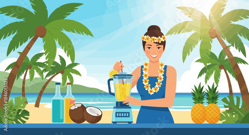 Woman in Blue Dress Mixing Cocktail.