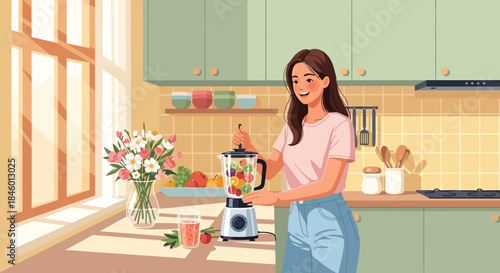 Woman Holding Blender in Modern Kitchen.