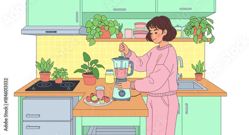 Woman Preparing Breakfast in Modern Kitchen.