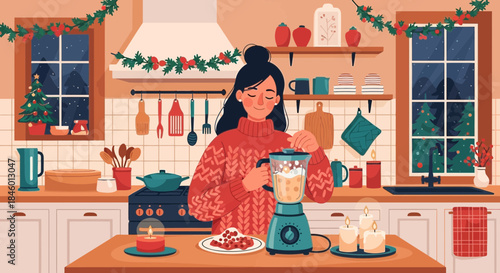 Woman Preparing Food in Kitchen with Blender.