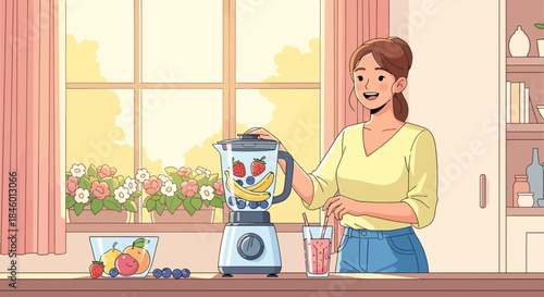 Woman Preparing Fruit Smoothie with Blender.