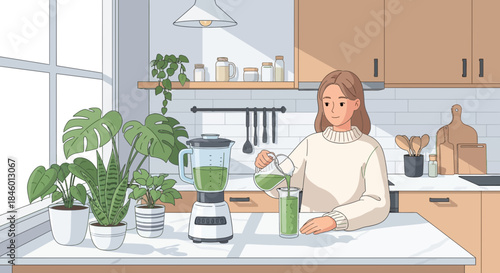 Woman Preparing Green Smoothie in Kitchen 1.