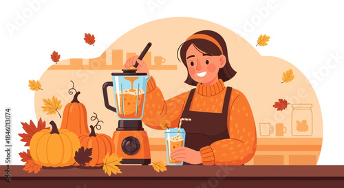 Woman Preparing Healthy Autumn Smoothie Drink.