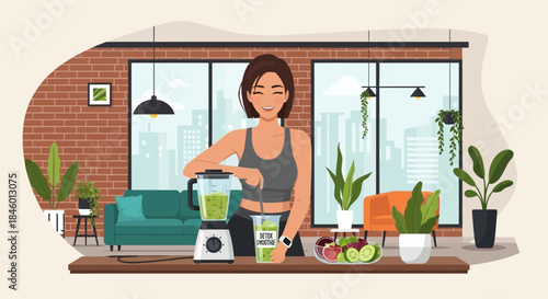 Woman Preparing Green Smoothie in Kitchen.