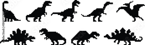 Pixel art dinosaur silhouettes set featuring classic prehistoric creatures, retro 8 bit game style reptiles collection, black vector icons isolated on white background