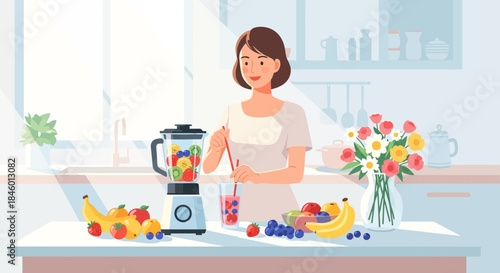 Woman Preparing Healthy Fruit Smoothie Kitchen.