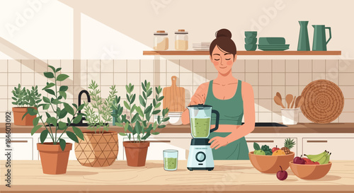 Woman Preparing Healthy Smoothie in Kitchen.