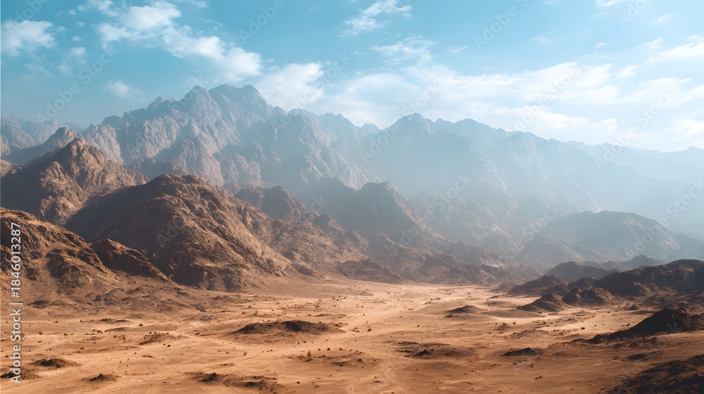 Naklejka premium Towering, rugged mountain range dominates a dry, arid valley under a bright blue sky.