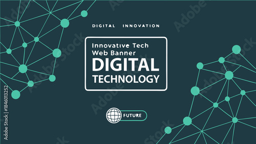 Digital Technology Network Background with Connected Nodes and Web Banner Design Vector