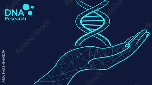 DNA Research and Genetic Science Concept with Digital Helix Above Human Hand Vector
