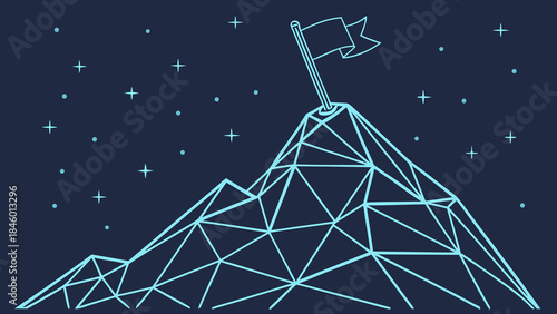 Goal Achievement and Success Concept with Flag on Mountain Peak Wireframe Vector