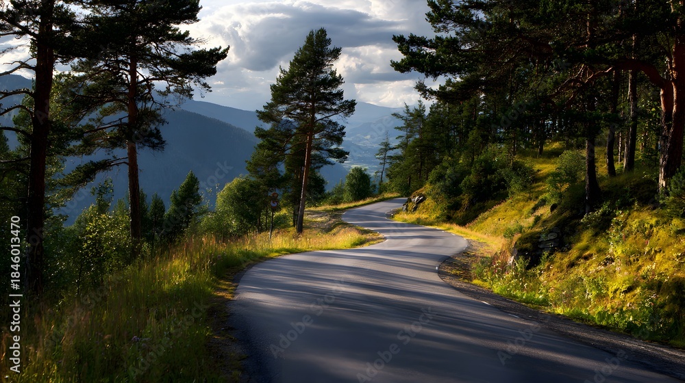Fototapeta premium Winding paved road curves through a forested mountain landscape under dramatic sky