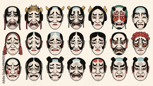 Collection of Traditional Japanese Kabuki Theater Masks Vector Art