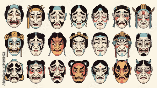 Collection of Traditional Japanese Kabuki Masks Expressing Various Emotions