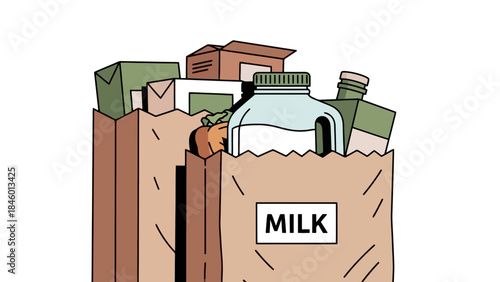 Brown Paper Grocery Bag Filled with Various Food Items and Milk Carton