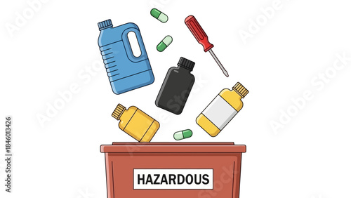 Hazardous Waste Disposal Concept: Items Falling into a Red Bin Illustration