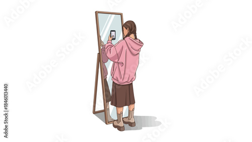 Young Woman in Casual Outfit Taking a Mirror Selfie with Smartphone