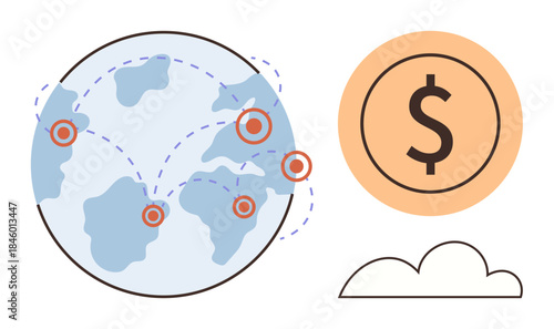 Globe with interconnected points and paths, dollar icon, and cloud drawing. Ideal for finance, global trade, business strategy, e-commerce, technology, investment modern economy simple flat