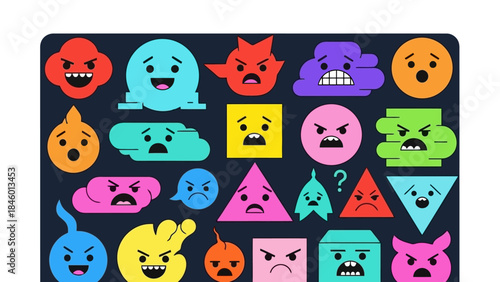Collection of Diverse Geometric Characters Expressing Various Emotions and Expressions