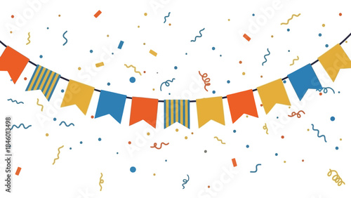 Festive Bunting Flags and Confetti Decoration, Celebrating Party and Holiday Atmosphere