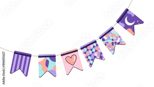 Festive Bunting Flags with Various Patterns and Shapes on a String
