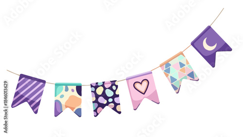 Colorful Party Bunting Flags with Heart, Moon, and Geometric Patterns
