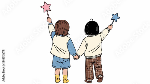 Two young children holding hands and magic star wands, vector illustration