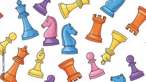 Colorful Chess Pieces Seamless Pattern - Fun and Playful Vector Illustration
