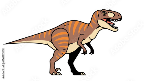 Aggressive Brown Dinosaur with Orange Stripes, Cartoon Style, Isolated on White Background