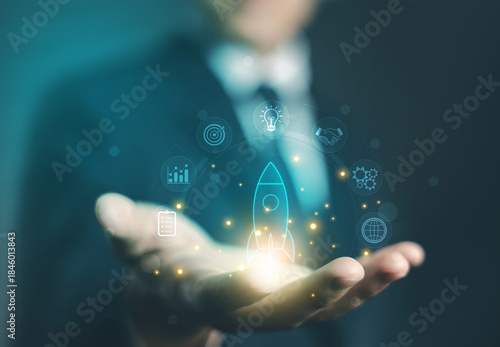 rocket up icon. startup launch and business growth concept. enterprise start for digital AI technology, entrepreneurship vision, and success planning. business startup strategy and profit increase