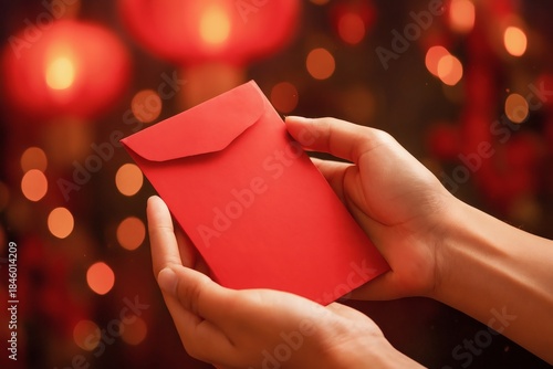 Hands Holding Red Envelope in Warm Festive Glow With Red Lanterns