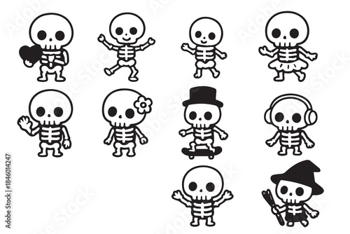 A cute vector illustration shows various skull emoticons with human bodies, striking funny poses and expressions, blending playful cartoon style with spooky Halloween vibes and cheerful humor.
