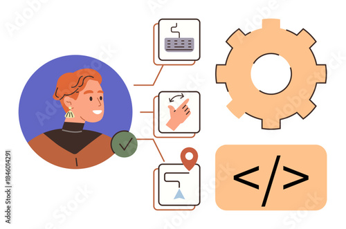 Person reviewing process-related icons, including keyboard, hand gesture, map pin, gear, and coding tag. Ideal for technology, coding automation workflow user interface planning innovation. A