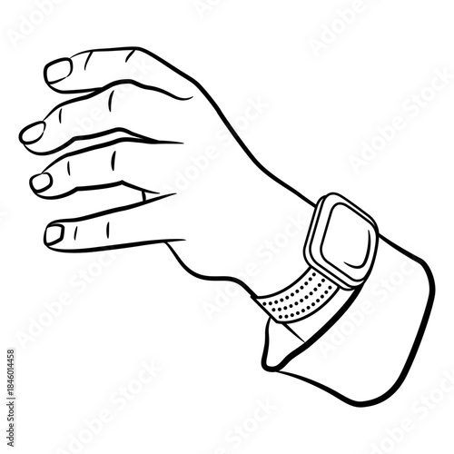 Empty male hand reaching forward in grasping gesture with wrist watch and cuff. Cartoon style. Black and white linear silhouette.