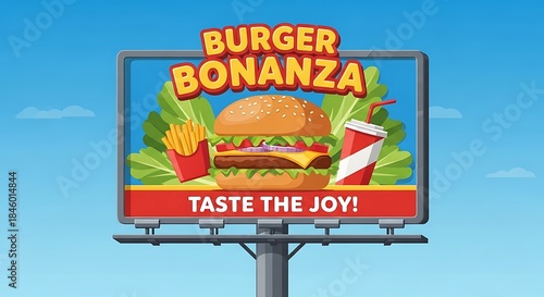Burger Bonanza Billboard Advertisement with Delicious Fast Food and Slogan Taste the Joy.